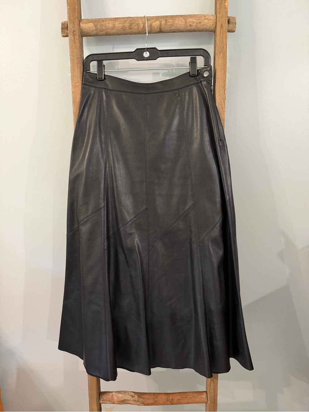 Zara Black Leather A-Line Midi Skirt